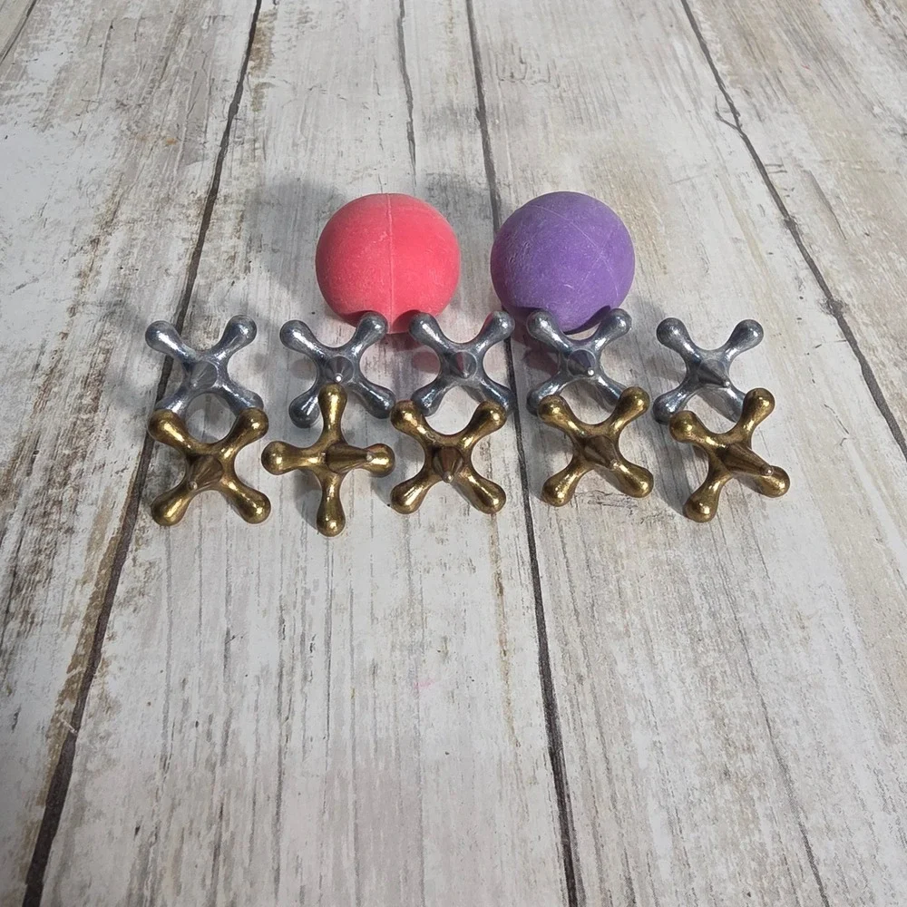 Vintage Style Metal Jacks Game 10 Gold Silver Jacks 2 Rubber Balls Pink Purple